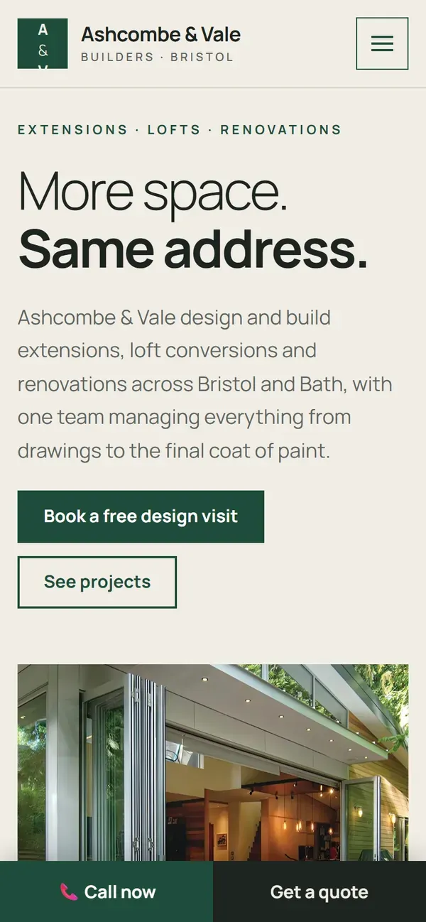 Ashcombe & Vale Builders concept website on a phone