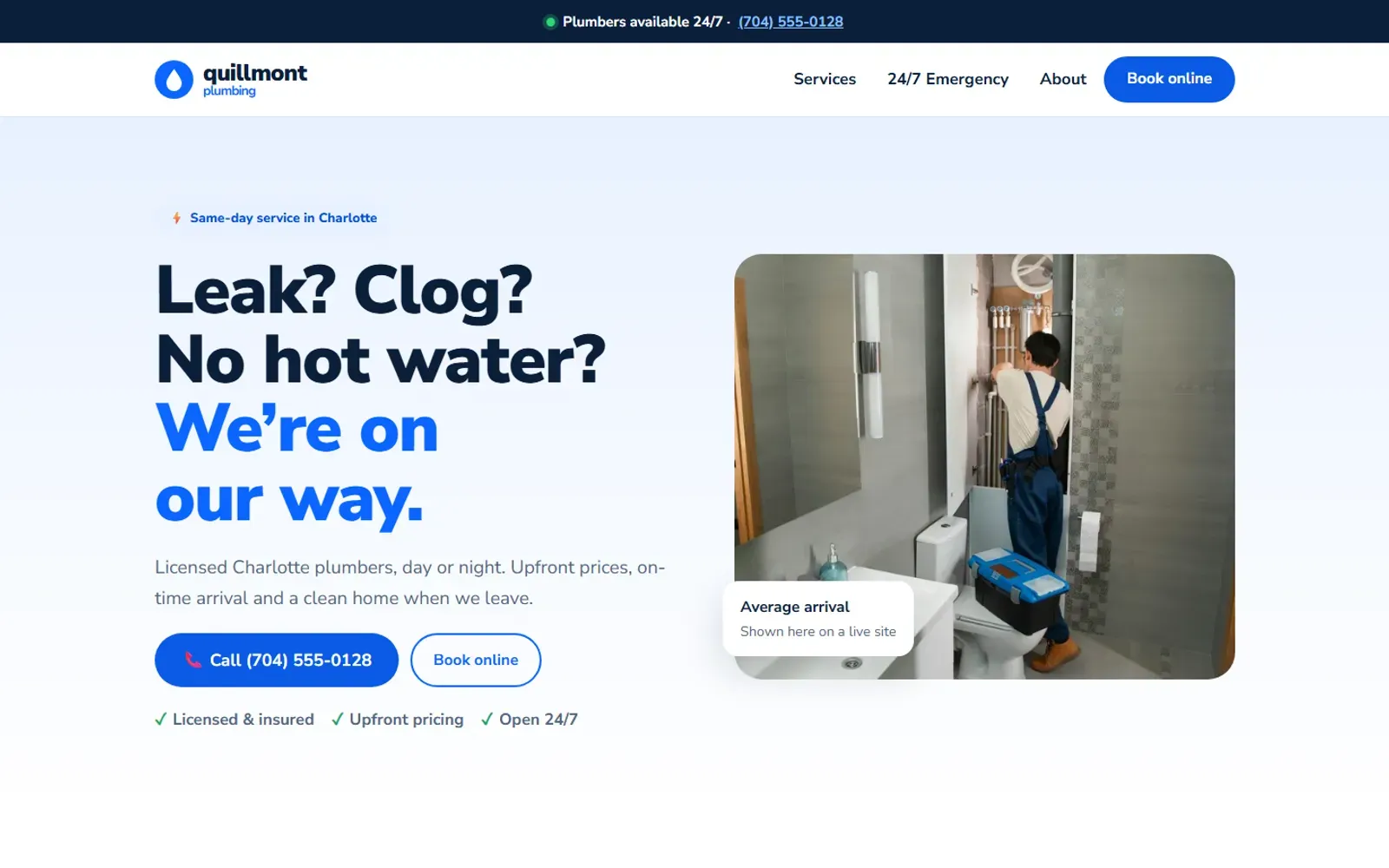 Quillmont Plumbing concept website on a laptop