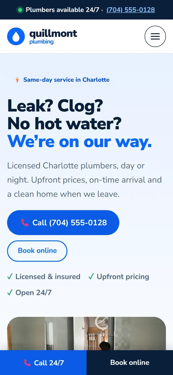 Quillmont Plumbing concept website on a phone